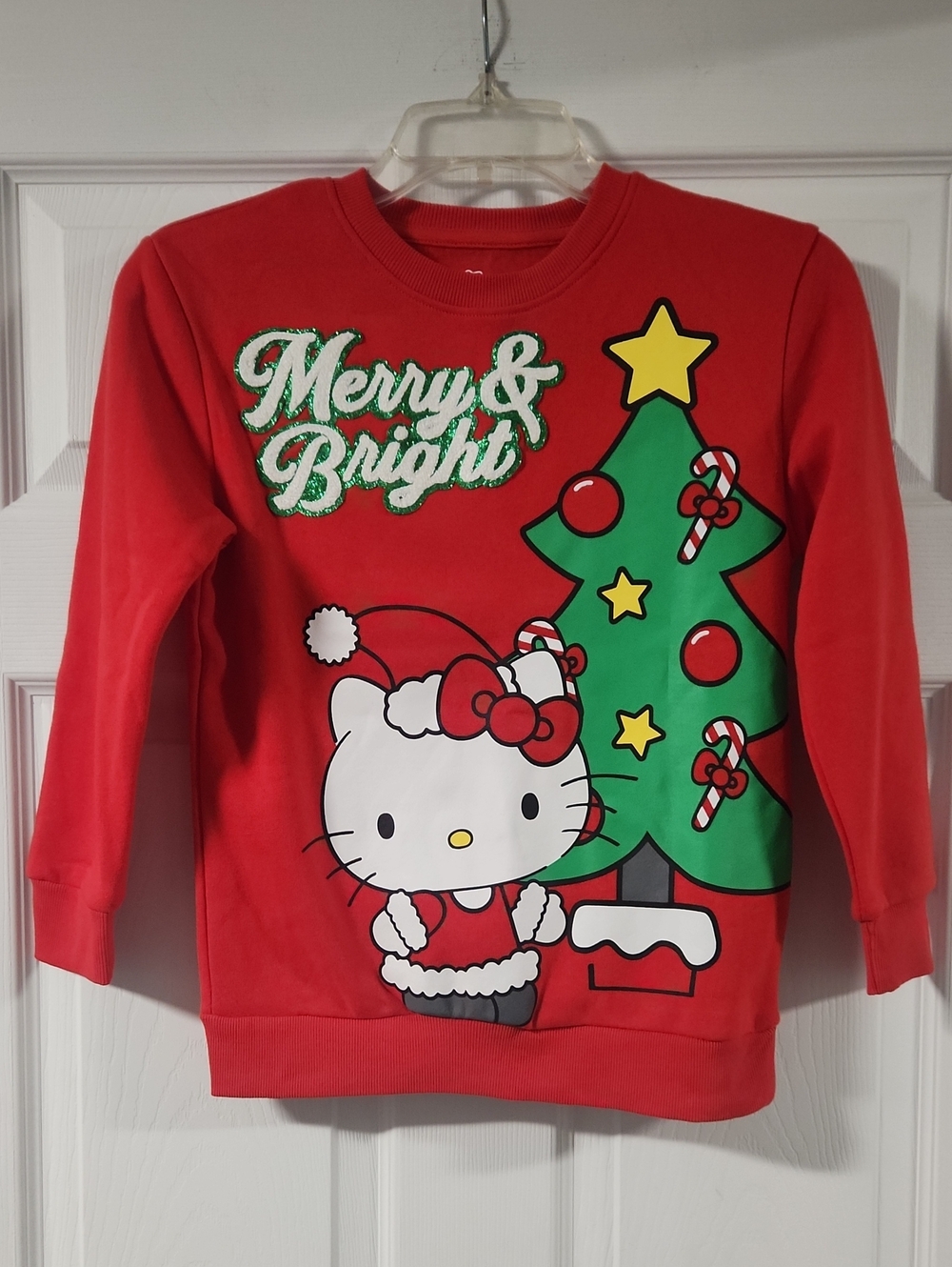 Hello Kitty Red Holiday Sweatshirt with Green Tree Graphic
